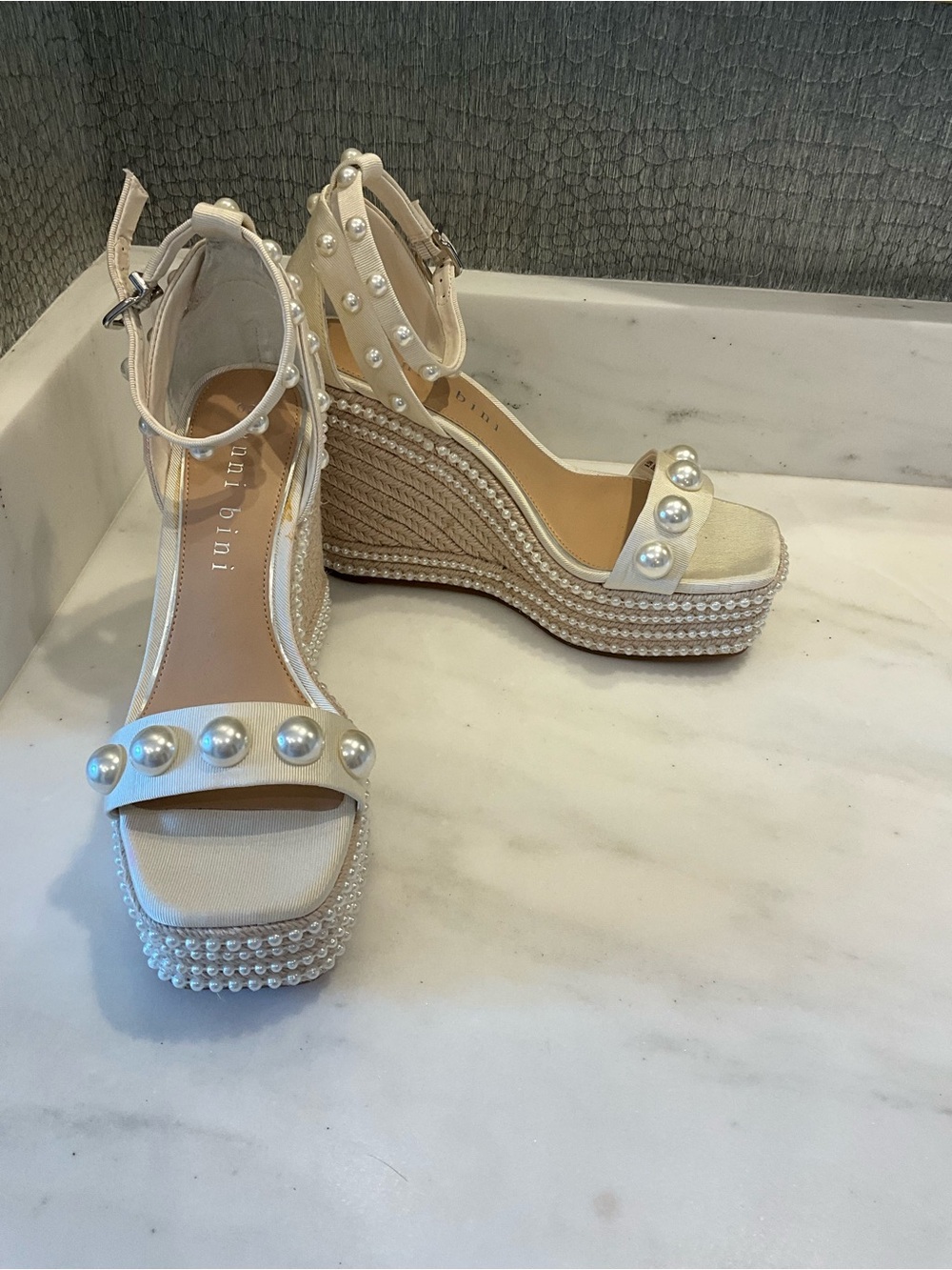 Gianni Bini Ivory Pearl-Embellished Wedge Sandals 9.5